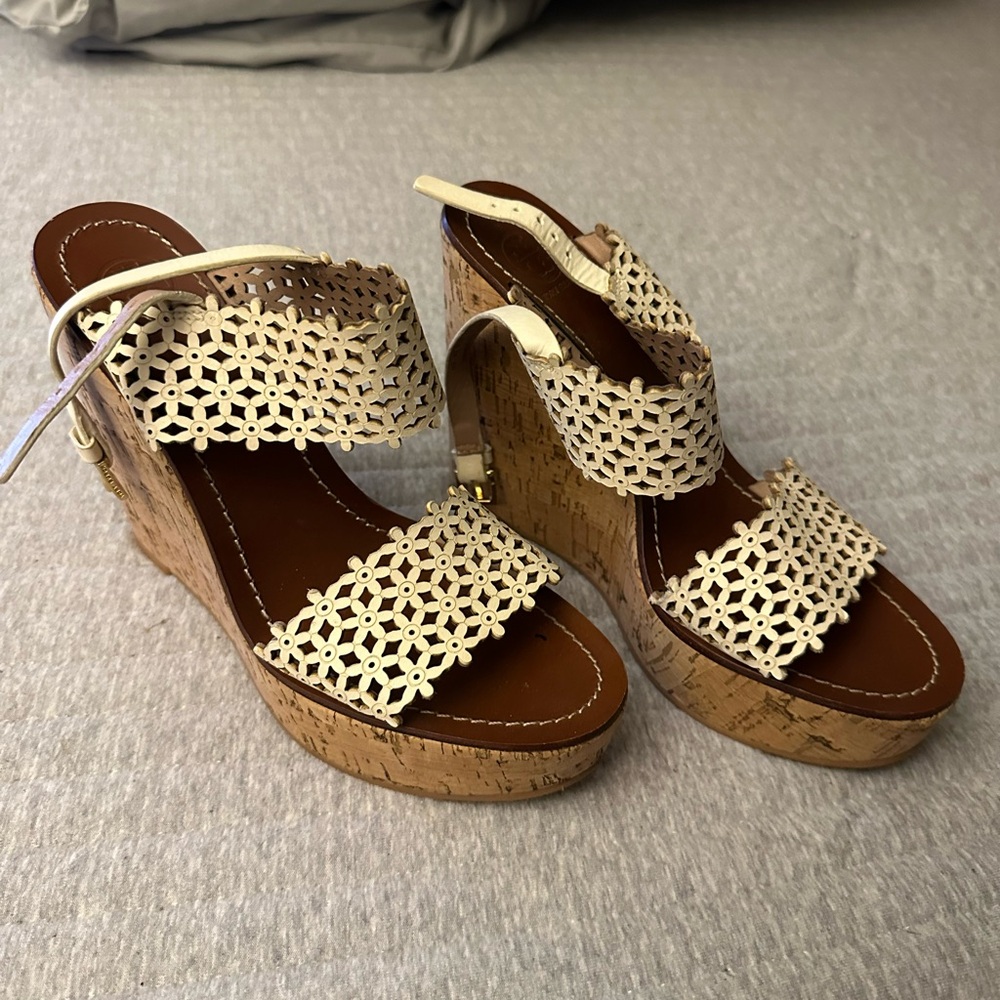 Tory Butch Elegant Cream Wedge Sandals